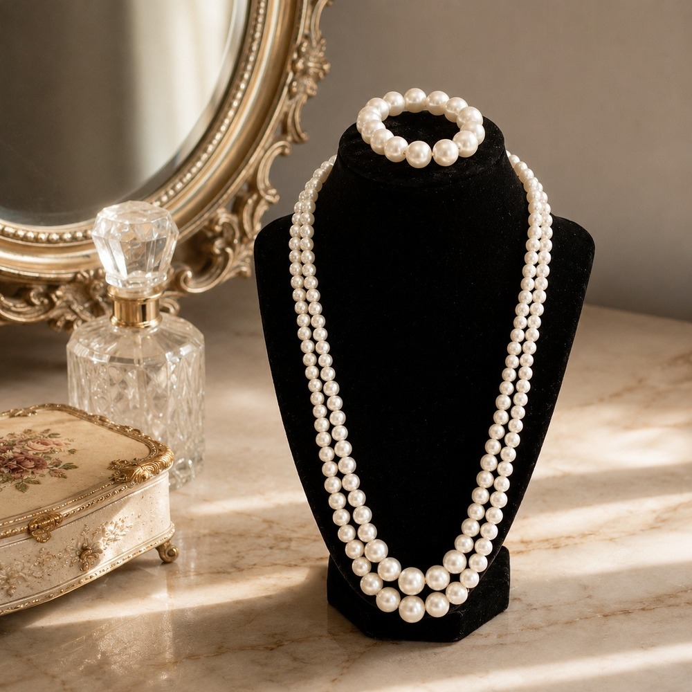 Vtg Hong Kong Faux Pearl Necklace‎ Bracelet Set Double Strand Graduated Pearls